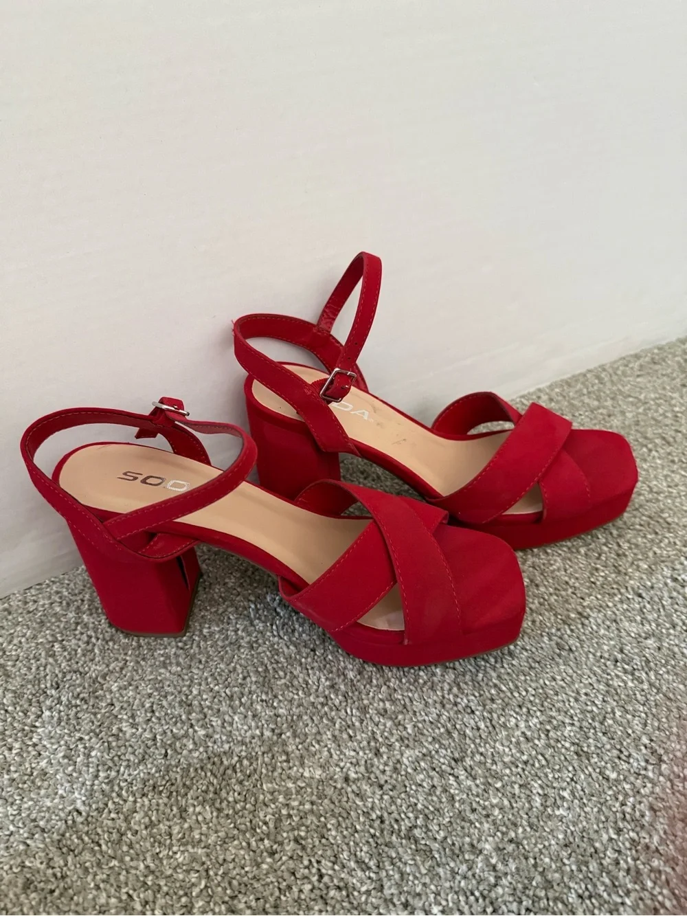Soda Red Suede Platform Block Heel Sandals